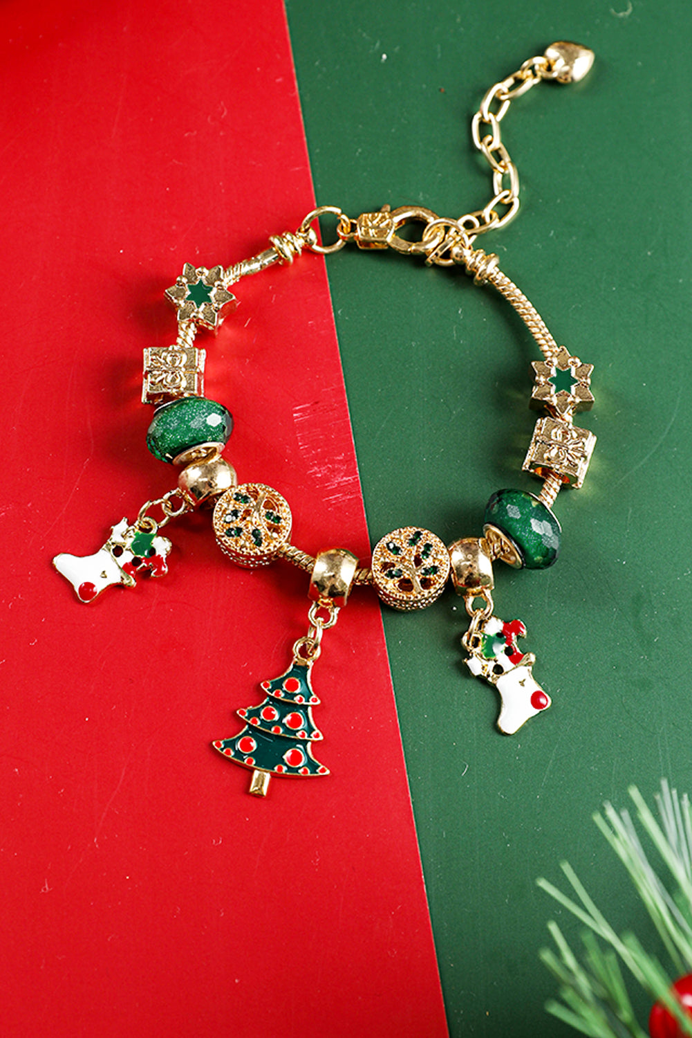 Green Christmas Pendant Adjustable Plated Beaded Bracelet