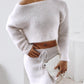 Skew Neck Fuzzy Knit Sweater & Skirt Set