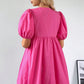 Bright Pink Solid Color Puff Sleeve Tie Front High Waist Mini Dress