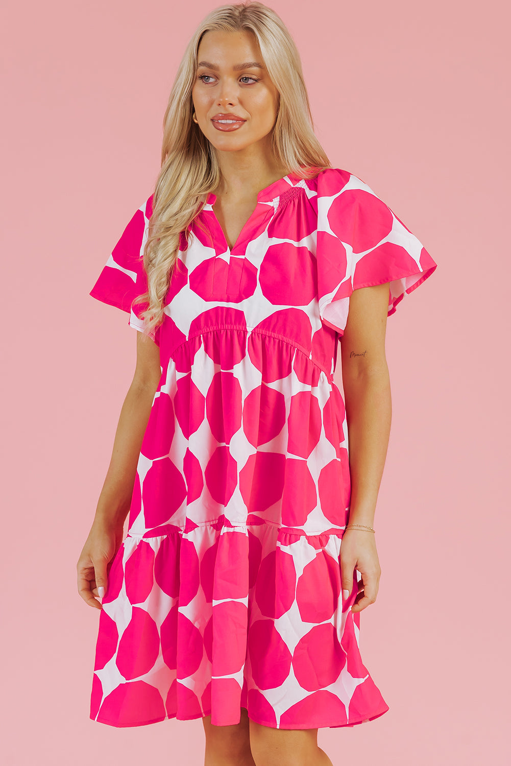 Rose Polka Dot Flutter Sleeve Notched Neck Tiered Flowy Dress