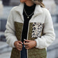 Moss Green Sherpa Quilted Leopard Patchwork Stand Neck Zip Up Jacket