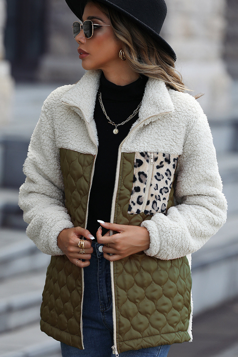 Moss Green Sherpa Quilted Leopard Patchwork Stand Neck Zip Up Jacket