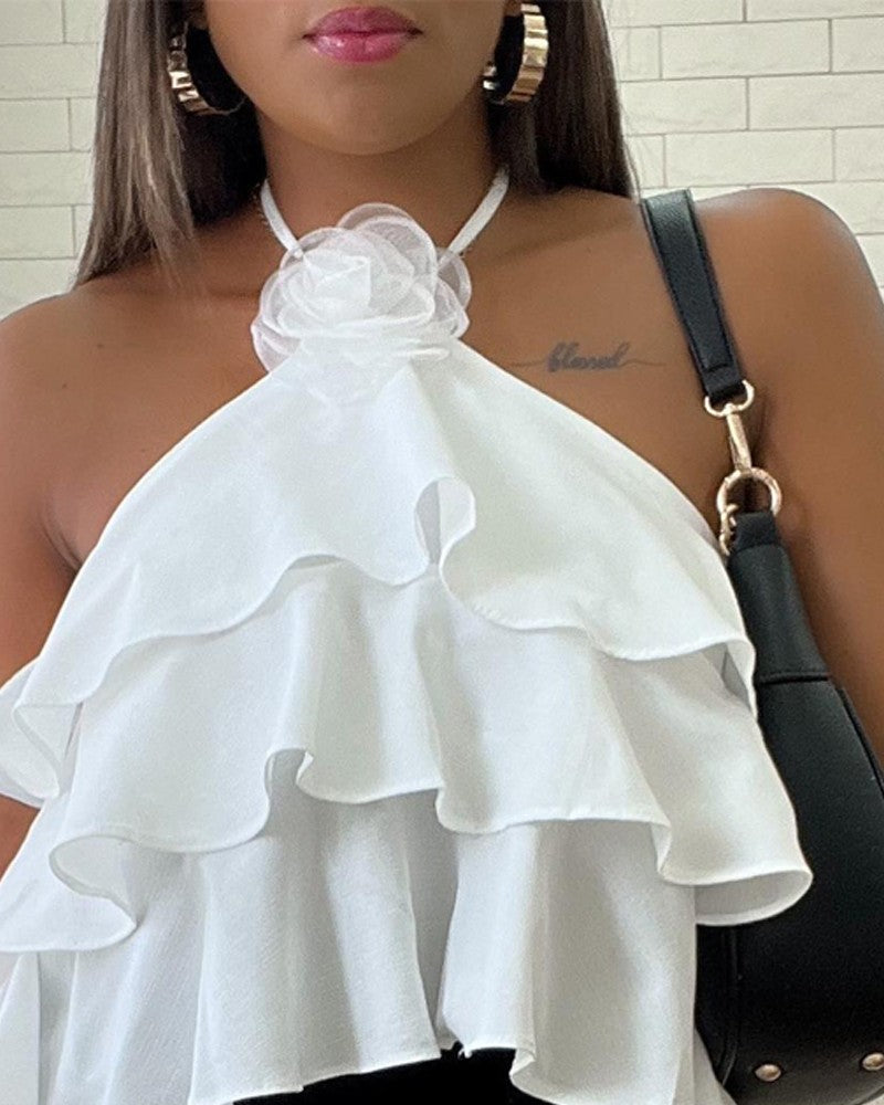 Rose Detail Ruffles Asymmetrcial Halter Top