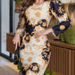 Baroque Print Crewneck Gigot Sleeve Bodycon Dress Slim Fit Mini Dress