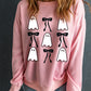 Pink Ghost Bowknot Printed Drop Shoulder Halloween Sweatshirt