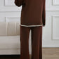 Coffee Contrast Trim Split Cuffs Long 2pcs Sweater Outfit Loungewear