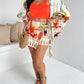 2 Pieces Outfits Tropical Print V Neck Long Sleeve Coat and Casual Tied Detail Asymmetrical Split Skirt Set