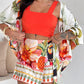 2 Pieces Outfits Tropical Print V Neck Long Sleeve Coat and Casual Tied Detail Asymmetrical Split Skirt Set