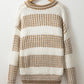 Brown Stripe Drop Shoulder Round Neck Loose Sweater