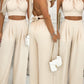 2 Pieces Summer Outfits Halter Sleeveless Backless Tied Detail Top and Casual Ruched Wide Leg Pants Set