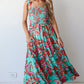 Green Abstract Print Smocked Bodice Knotted Straps Ruffled Maxi Dress