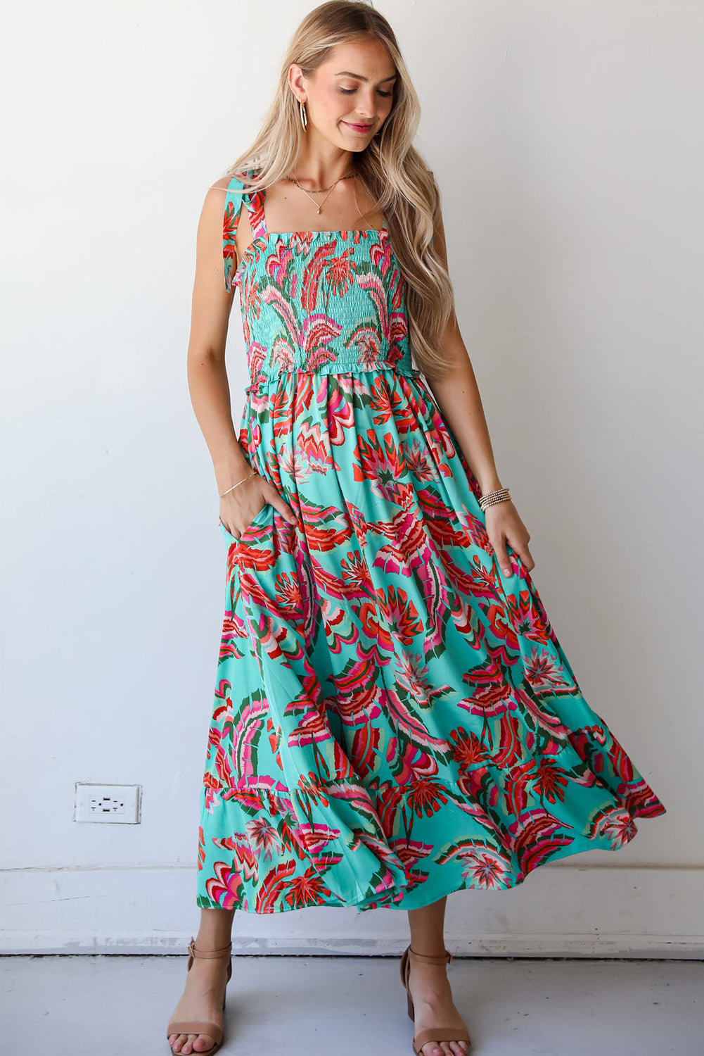 Green Abstract Print Smocked Bodice Knotted Straps Ruffled Maxi Dress