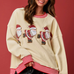 Beige Santa Skiing Graphic Striped Trim Corded Sweatshirt