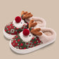 Dark Green Christmas Cartoon Reindeer Plush Home Slippers