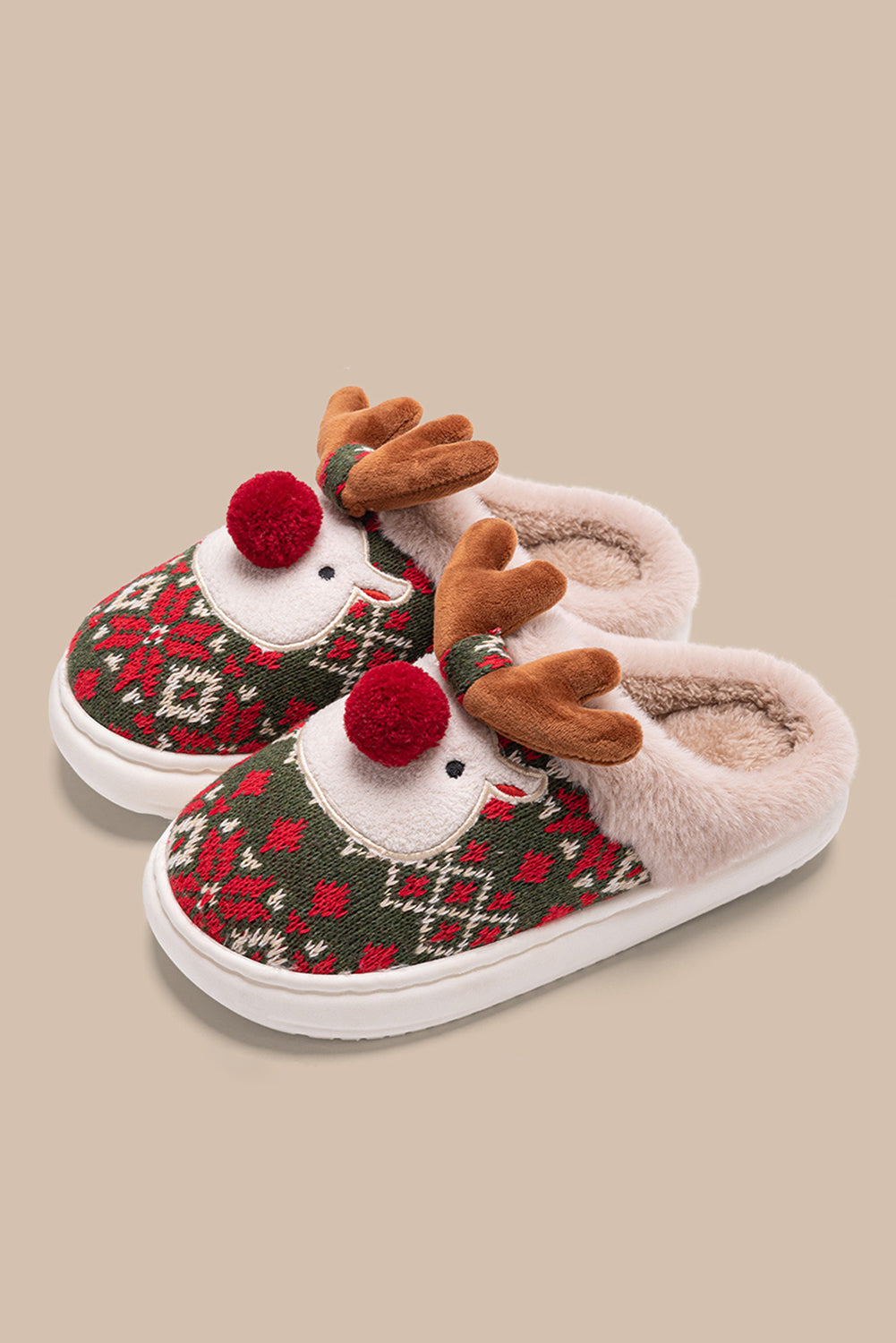 Dark Green Christmas Cartoon Reindeer Plush Home Slippers