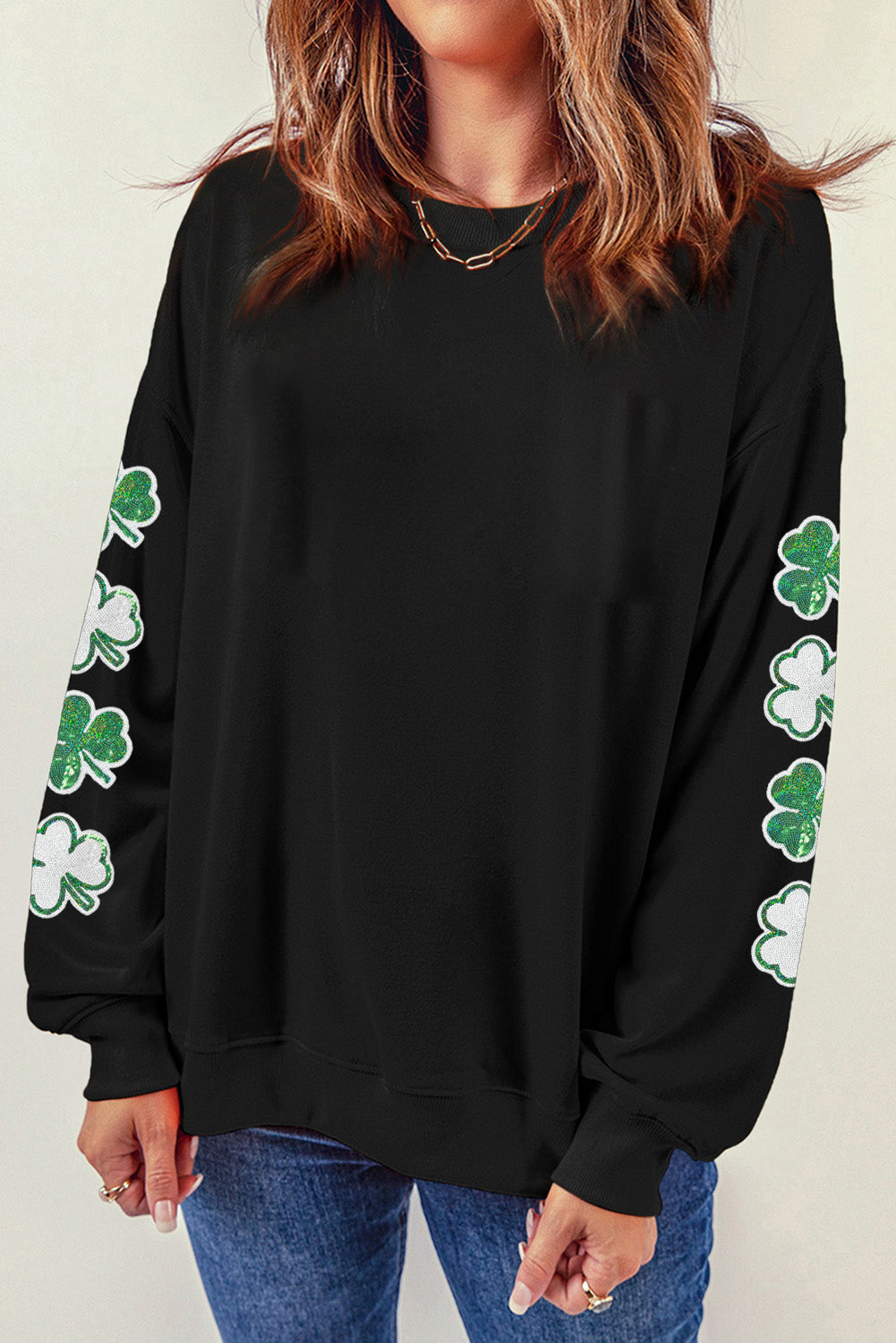 Black Sequin Clover Patched Drop Shoulder Sweatshirt