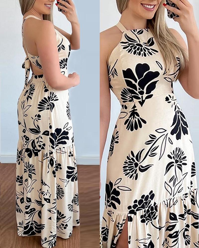 Floral Print Slit Tied Detail Maxi Dress