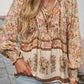 Yellow Floral Print Tie Neck Lantern Sleeve Blouse