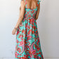 Green Abstract Print Smocked Bodice Knotted Straps Ruffled Maxi Dress