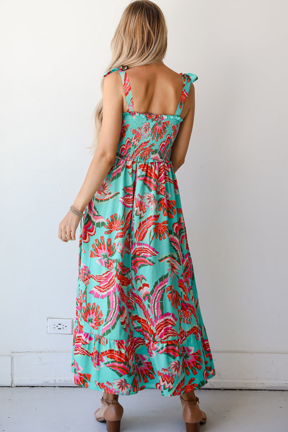 Green Abstract Print Smocked Bodice Knotted Straps Ruffled Maxi Dress