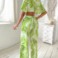 Palm Leaf Print Plunge Top & Wide Leg Pants Set