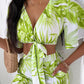 Palm Leaf Print Plunge Top & Wide Leg Pants Set