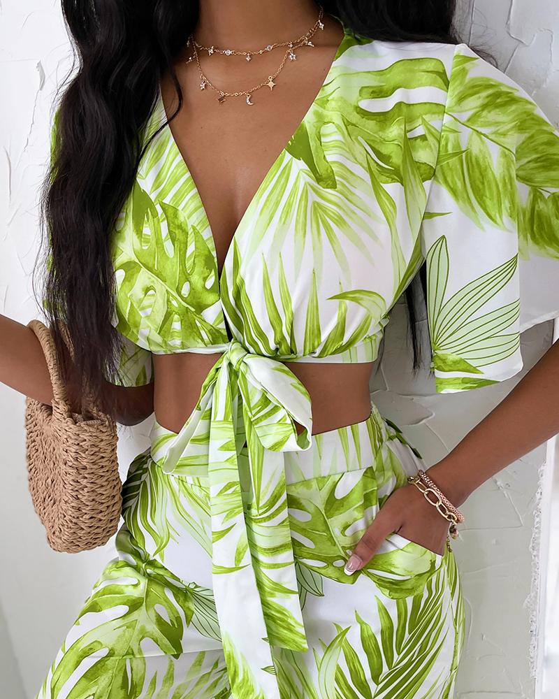 Palm Leaf Print Plunge Top & Wide Leg Pants Set