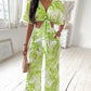 Palm Leaf Print Plunge Top & Wide Leg Pants Set