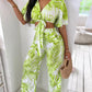 Palm Leaf Print Plunge Top & Wide Leg Pants Set