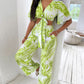 Palm Leaf Print Plunge Top & Wide Leg Pants Set