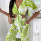 Palm Leaf Print Plunge Top & Wide Leg Pants Set