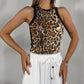 Leopard Pattern Contrast Sequin Tank O neck Slim Fitted Sporty Workout Tops