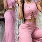 Eyelet Criss Cross Crop Top & Cutout Wide Leg Pants Set