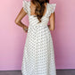 White Polka Dot Flutter Sleeve Square Neck Smocked Maxi Dress