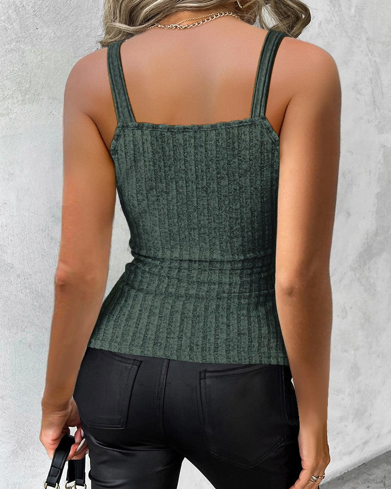 Chain Decor Buttoned Ribbed Tank Top