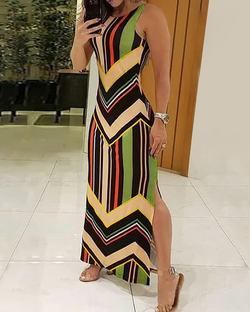 Colorful Striped Print Side Slit Maxi Dress