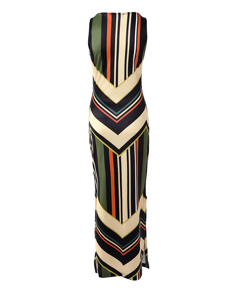 Colorful Striped Print Side Slit Maxi Dress