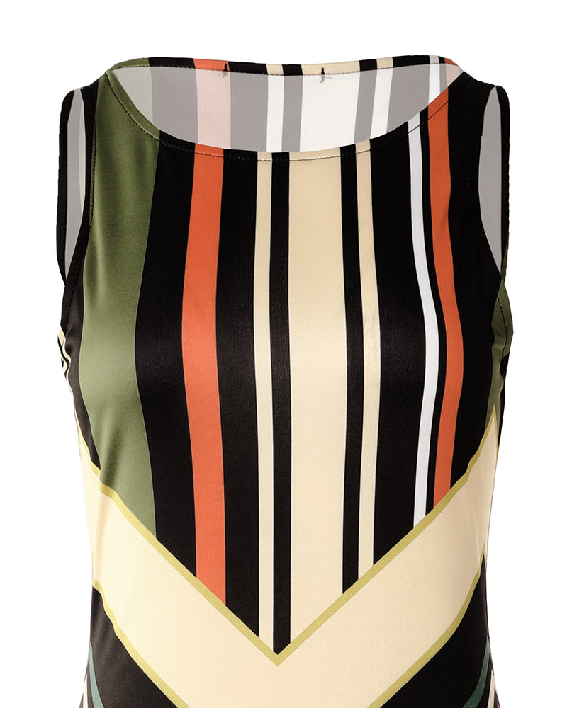 Colorful Striped Print Side Slit Maxi Dress