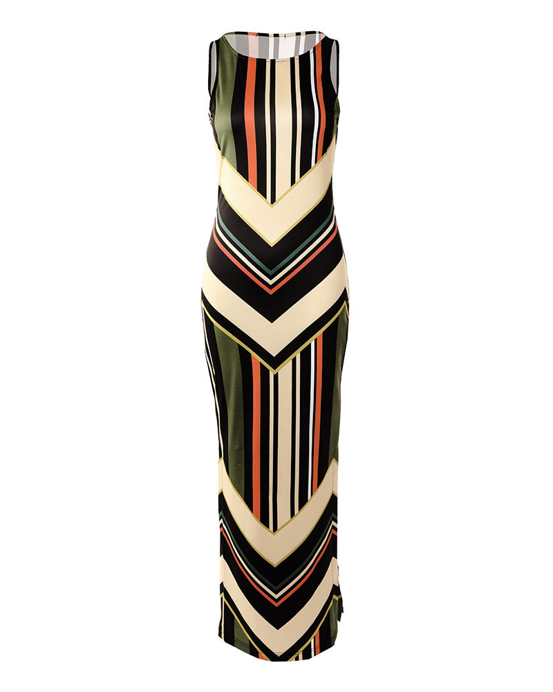 Colorful Striped Print Side Slit Maxi Dress