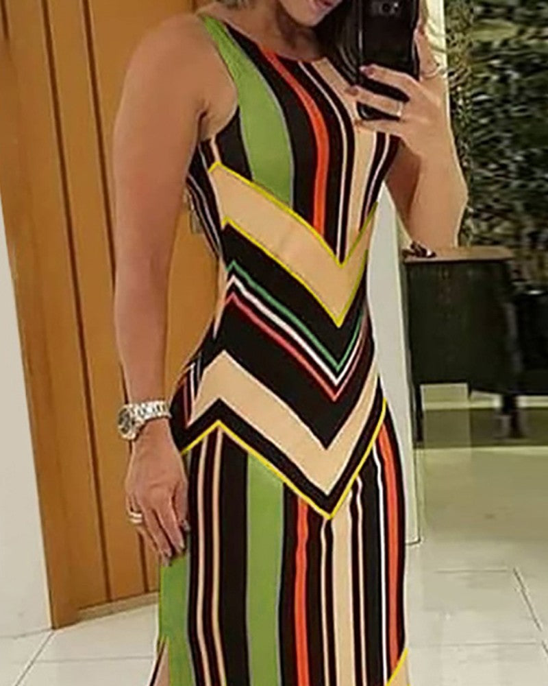 Colorful Striped Print Side Slit Maxi Dress