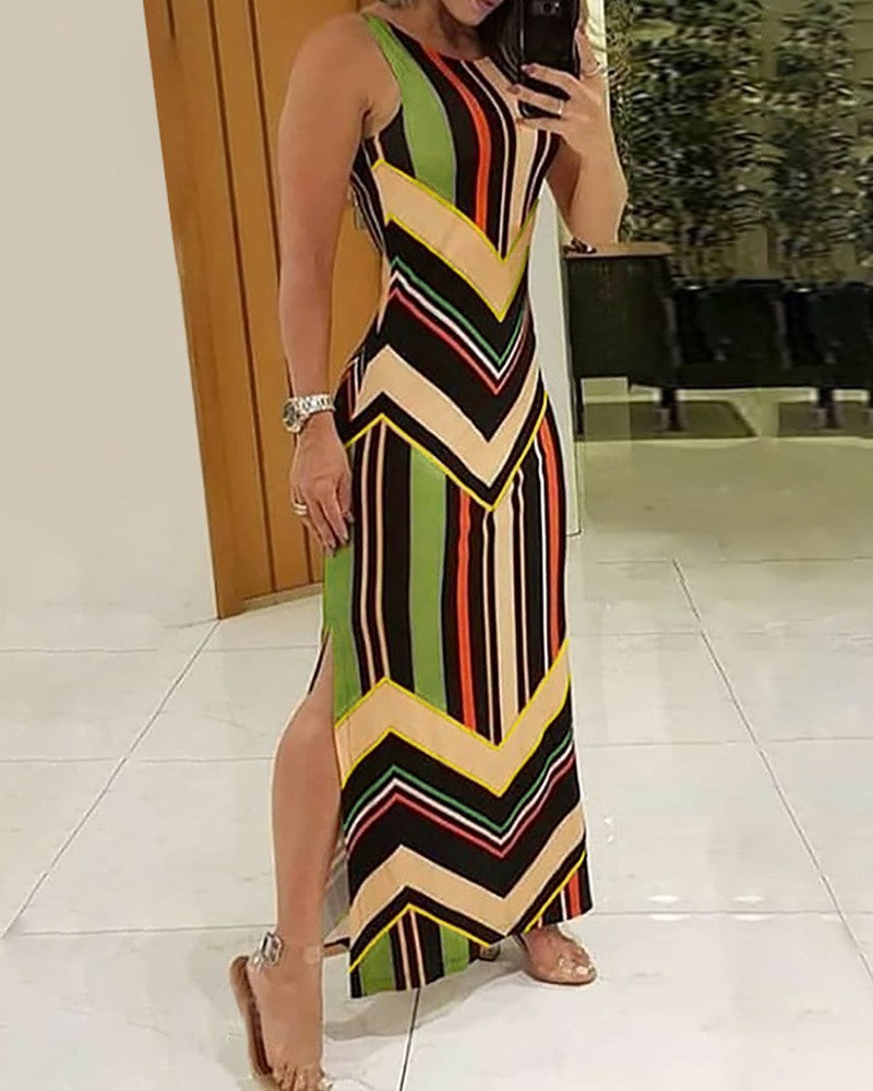 Colorful Striped Print Side Slit Maxi Dress