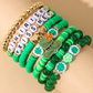 Green St Patricks Shamrock Letter Beaded Multi Layer Bracelet Set