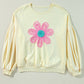 Beige Tinsel Flower Dropped Puff Sleeve Sweatshirt