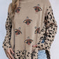 Khaki Sequin Turkey Leopard Mixed Pattern High Neck Sweater with Slits