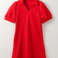 Fiery Red Textured Collared V Neck Puff Short Sleeve Shift Mini Dress