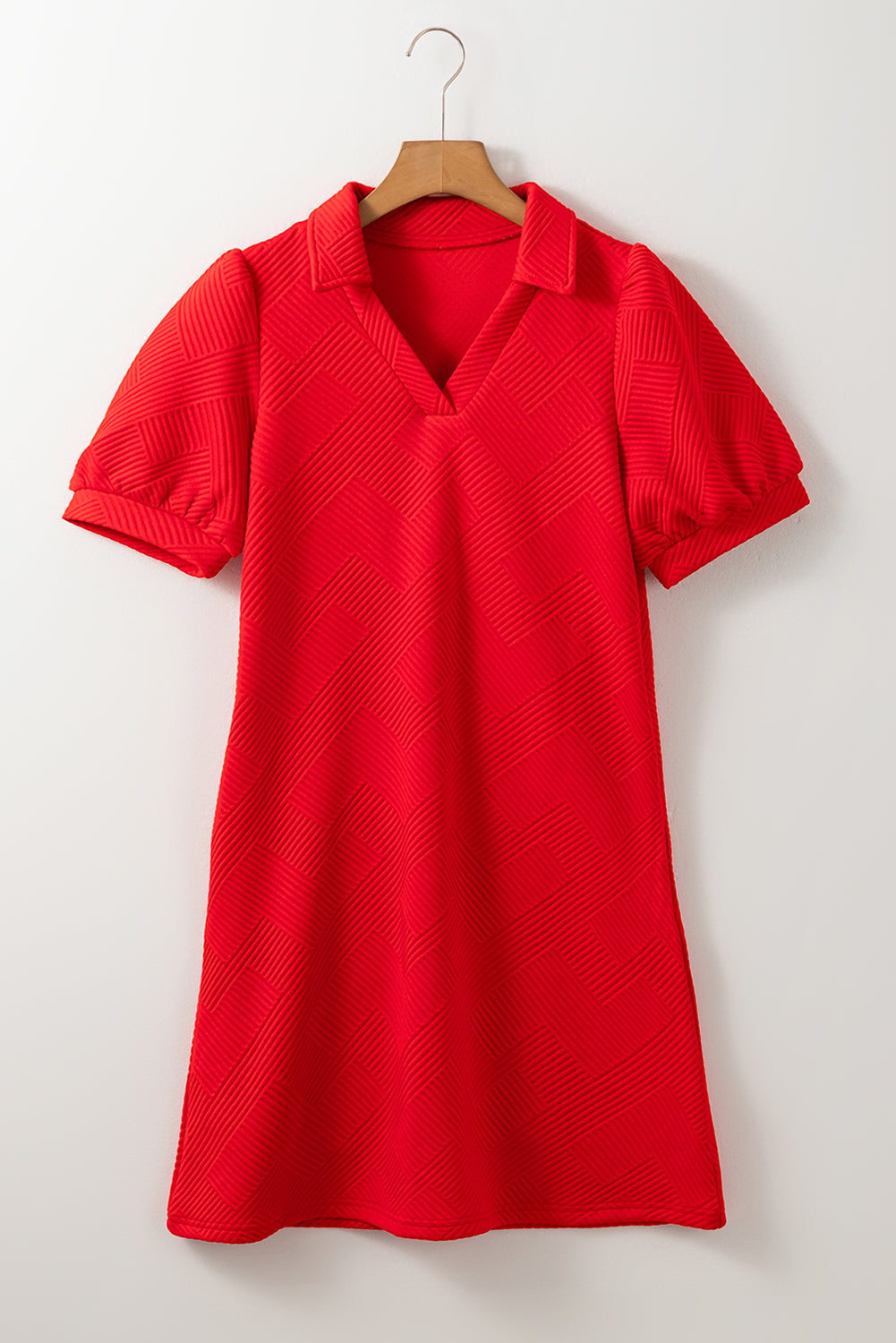 Fiery Red Textured Collared V Neck Puff Short Sleeve Shift Mini Dress