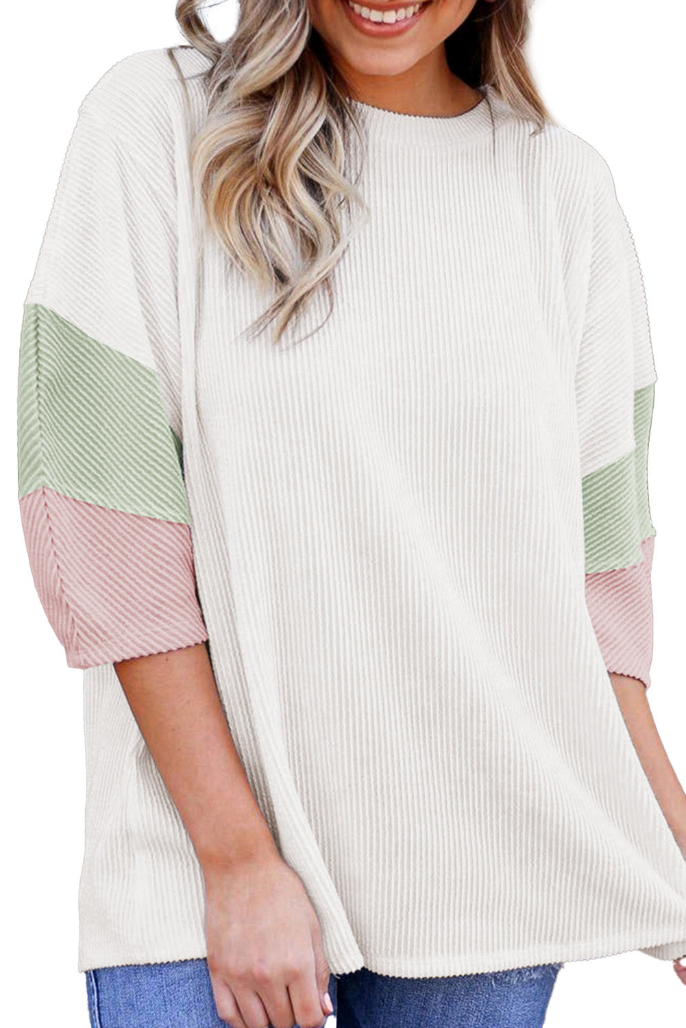 White Color Block Ribbed Knit Quarter Sleeve Top