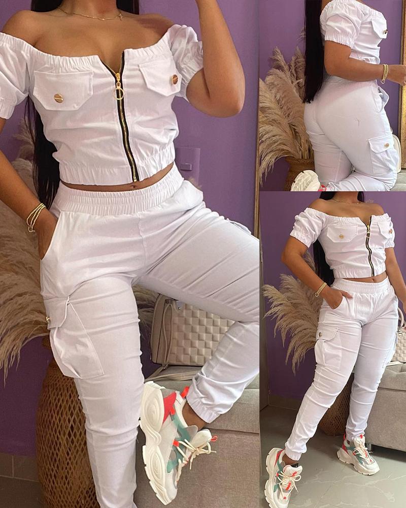 Off Shoulder Zipper Design Top & Cuffed Pants Set