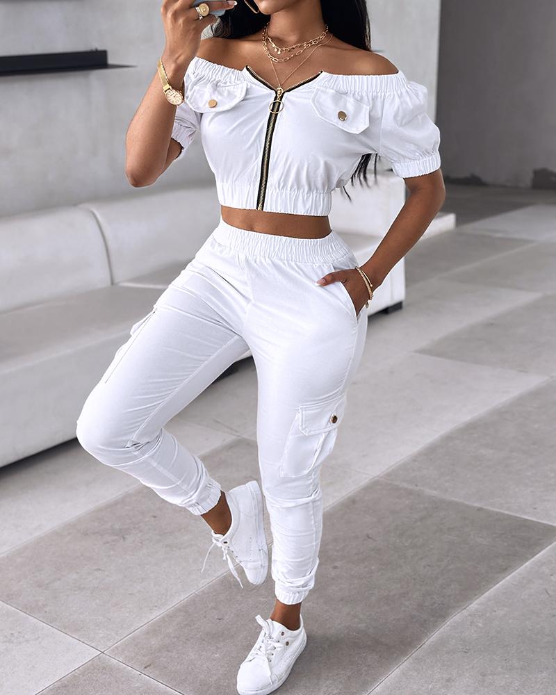 Off Shoulder Zipper Design Top & Cuffed Pants Set