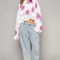 White Contrast Flower Print Eyelet Drop Shoulder Sweater